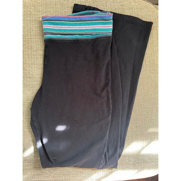 Y2K 2000s Black Yoga Pants Fold Over Waist Colorful Striped Activewear - Picture 1 of 4
